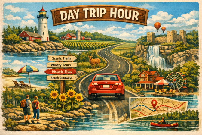 Illustration of a car on scenic regional day trip for Day Trip Hour